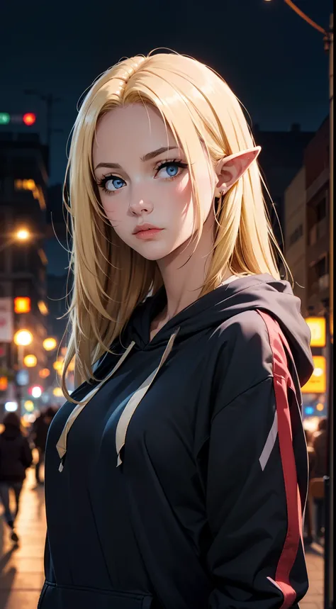 (masterpiece, best quality:1.4), 1girl, upper body, wearing streetwear ((hoodie)), blonde_hair, blue_eyes, serious face, closed_...