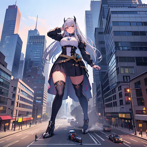 (1 girl), ((full body)), silver hair, giantess, (mechasuit:0.6), mech, Cityscape, cars, people, dynamic pose, rampage,