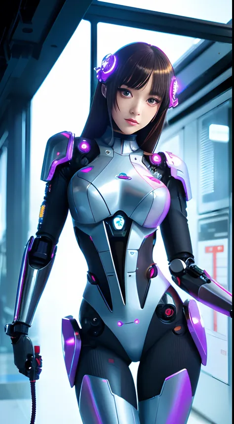 anime style illustration image,
cyborg robotic woman
human face, expressionless eyes, perfect body, with random nudity and random cybernetic mechanical parts, full body,
From the palm of your hand comes a heart-shaped hologram,
she is in a robot factory co...