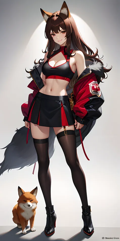 masterpiece, top quality, high resolution, solo, black and red crop top, cleavage, medium breasts, midriff, fox ears, crop top, micro skirt, sexy, brown hair, cowboy shot, full body, smirk