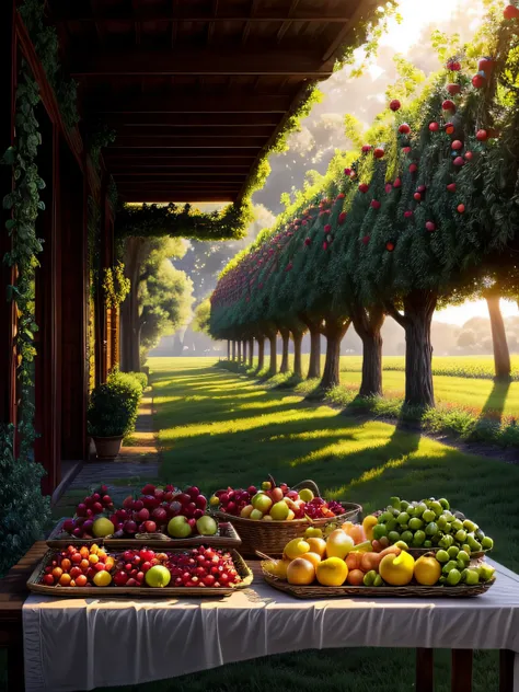 In a sunlit orchard bathed in a warm, golden glow, a vibrant scene unfolds, showcasing a kaleidoscope of healthy fruits that evoke a feast for the senses. The air is filled with the sweet, intoxicating fragrance of ripe fruits, and a gentle breeze rustles ...