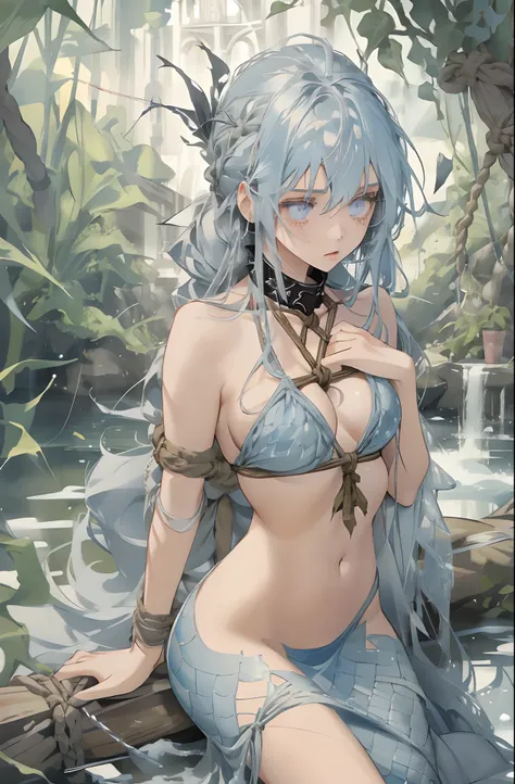 1 girl, silver blue hair, blueish-silver eyes with black pupil, mermaid, water, fearful, scared,  black metal collar, ((body tied, hentai rope bondage, hemp rope)), see-through fish scales on legs, mystical