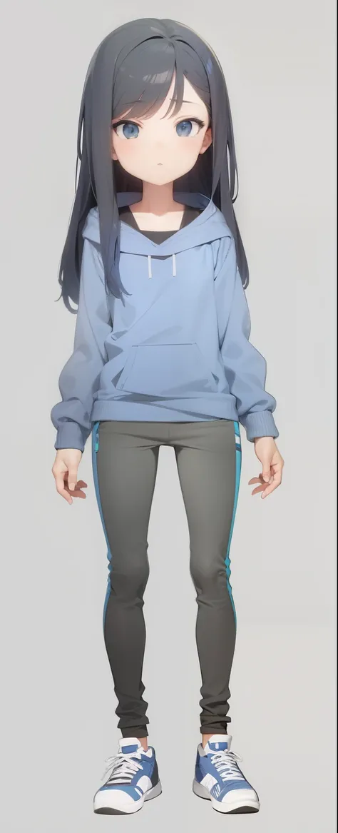 Arte Conceptual, Poses Dinamicas, 5 Poses, Chica anime con una sudadera con capucha azul y pantalones negros, Full body anime illustration,