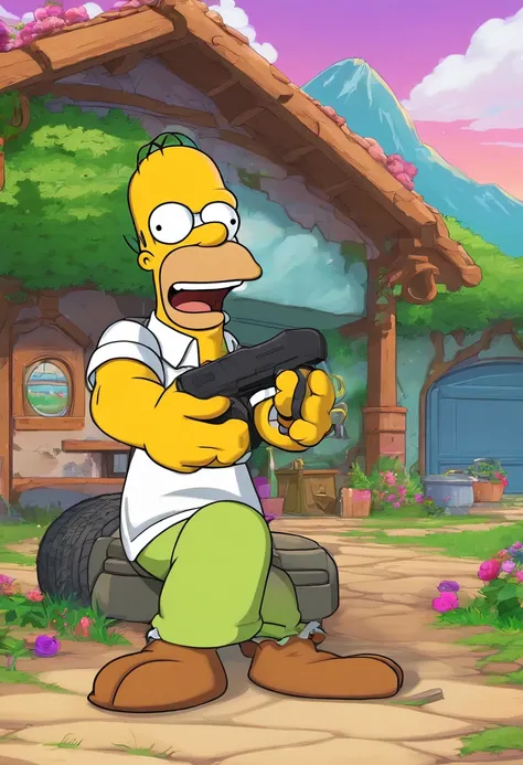 homer simpson in garage by stargate dialing pad and by gold ring circle window on wall, the gold ring circle window shows a anime cute 3d video game sonic the hedge hog next to fox on grass in a village with mmountains in background,8k,fantasy picture,vivi...