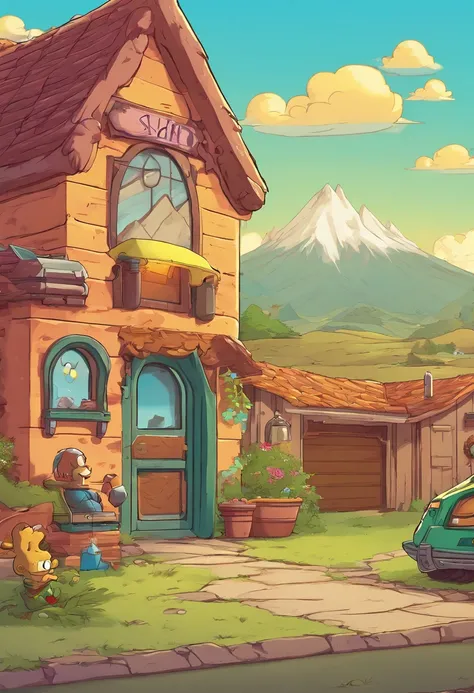 homer simpson in garage by stargate dialing pad and by gold ring circle window on wall, the gold ring circle window shows a anime cute 3d video game sonic the hedge hog next to fox on grass in a village with mmountains in background,8k,fantasy picture,vivi...