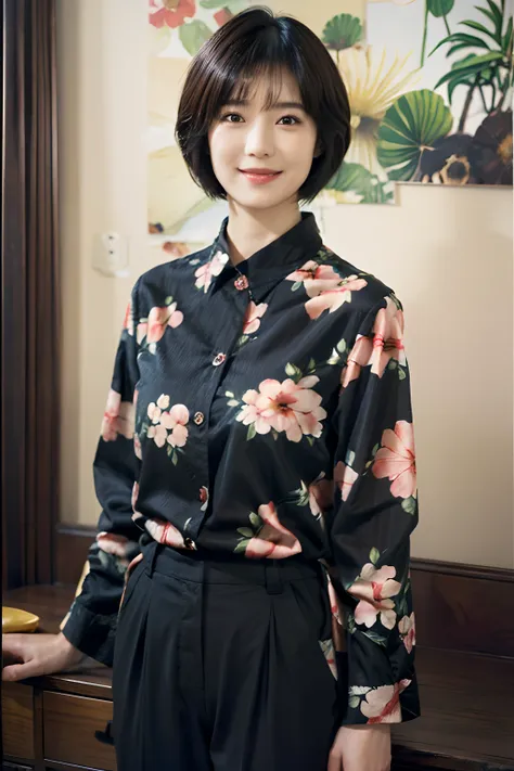 93
(a 20 yo woman,is standing), (a hyper-realistic), (masutepiece), ((short-hair:1.46)), (smooth black hair), wear long pants, (...