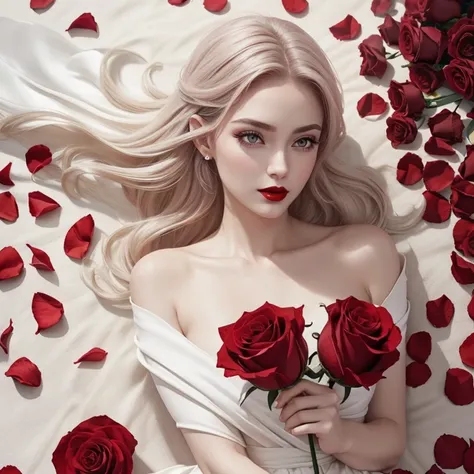 Red rose petals, pale skinned, cabelos claros, red-lips, vestido vermelho