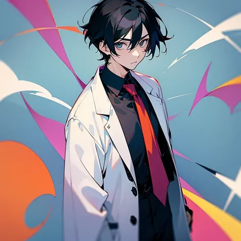 Anime guy. thirties years old. 2 D. Drawing. Color. Short hair. Short scruffy beard. Lab coat. Black hair.