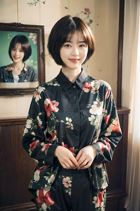 93
(a 20 yo woman,is standing), (a hyper-realistic), (masutepiece), ((short-hair:1.46)), (smooth black hair), wear long pants, (...