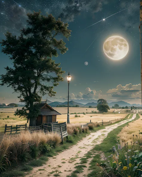 pintura de uma estrada rural com um celeiro e uma lua cheia, Noite de luar atmosfera sonhadora, bela noite de luar, Paisagem da lua da rua, paisagem campestre anime, lindo luar, at night with full moon, luz bonita da lua, at night with moon light, arte de ...