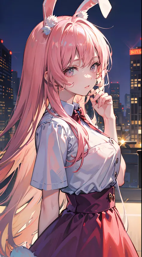 (masterpiece), best quality, bunny girl, (bunny ears:1.2), modern clothing, (long pastel pink hair), (hazel eyes), side view, close up, soft smile, city background