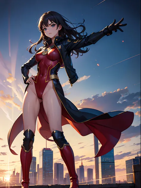 masterpiece, best quality, 1girl, superhero, leotard, bare legs, knee boots, matching boots, heroic, city backdrop, standing, body infused with energy, light particles, solo, single, cowboy shot, perfect anatomy, hand on hip