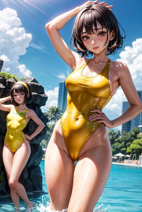 Alafed Asian woman in yellow swimsuit poses for photo, wearing leotard, cute girl wearing a tank suit, wearing a swimming wear, Wet swimsuit, wearing white leotard, in a gold one piece swimsuit, in retro swimsuit, Young Sensual Gravure Idol, in yellow biki...