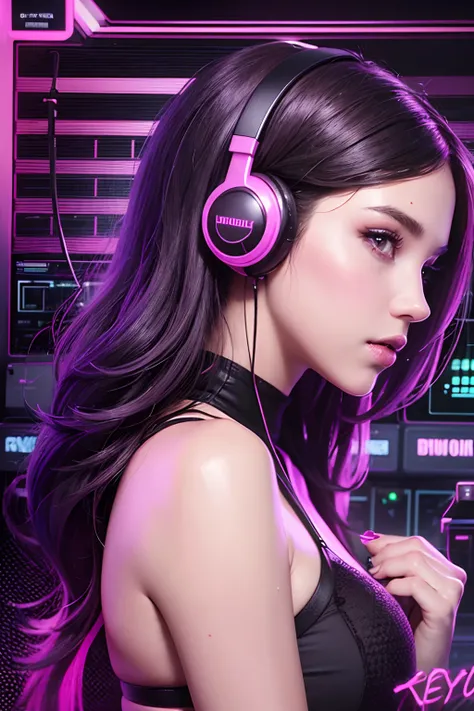 there is a woman, Jessica Alba,  in a black bra top and headphones playing a game, techno mystic goddess, twitch streamer, dark purple hair and cybernetics, ( ( ( synthwave ) ) ),  synthwave style, fashwave, streaming on twitch, still from a music video, p...