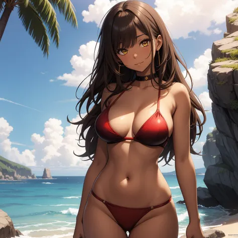 {High detailing, high quality, masterpiece, Artstation, pixiv, Anime Art 4k, cg art, SFW version} A brunette anime girl, brown skin, dark skin [dark skin: 1.5] anime girl with black hair with yellow locks, hair with merella locks, anime style girl, doing a...