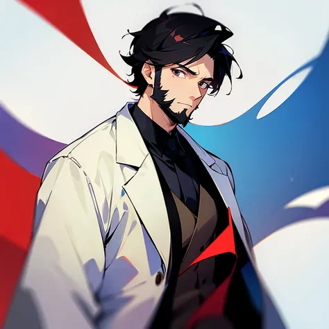 Man in twenties. Lab coat. Short black hair. Scruffy short beard. 2d. Anime style. Drawing. Color.