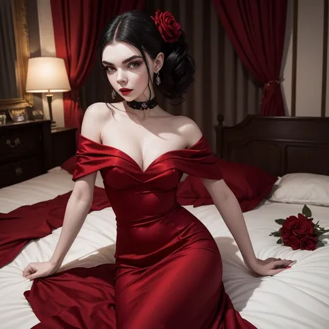 Pale woman in red dress lying on red bed with flowers, Bed with red rose petals,  Red roses, Red dress, bonita, Retrato de Kim Petras, ava max, fotografia de moda fine art, menina perfeita de cabelos pretos, Conto de fadas da Bela Adormecida, Fotografia de...