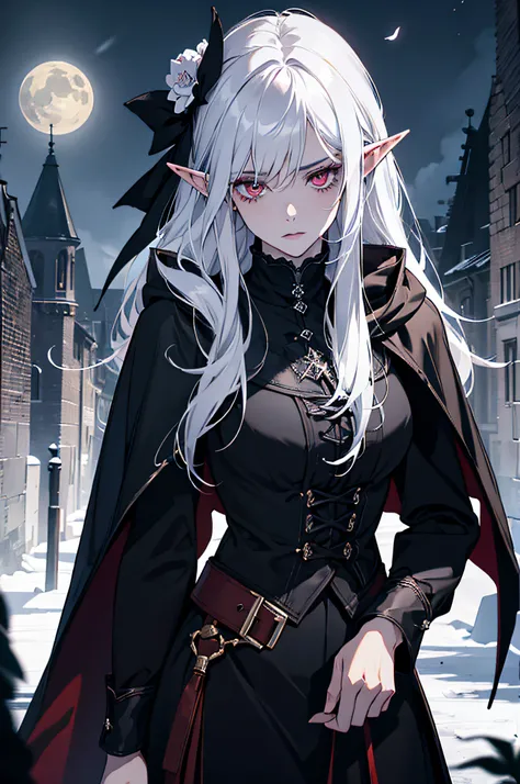 (absurdres, highres, ultra detailed), 1 woman, adult, beautiful, white girl, elf, pointy ears, long white hair, red eyes, dark makeup, finely detailed eyes and detailed face, fantasy, night, dark theme, cinematic lighting, colorful, portrait , flying petal...