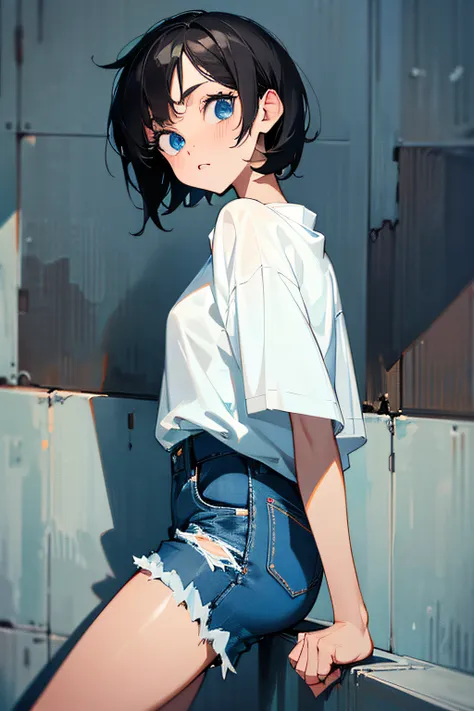 1girl, short black hair, blue eyes, wearing plain white shirt, denim shorts, city, absurdres, high res, ultrasharp, 8k, masterpi...