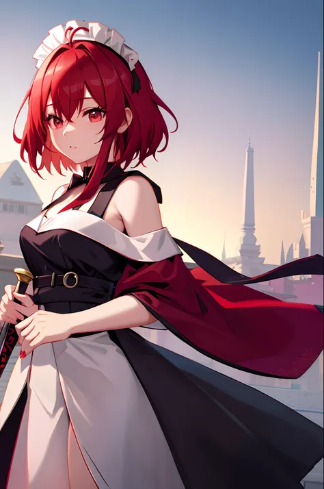 Maids、red hairs、holding swords、1 girl、short-hair、anime styled、sano、very extremely beautiful