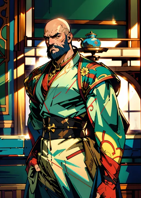 A bald middle-aged man, bold eyebrows, large and round eyes, he has a full beard, flame-shaped war paint on his face, a fantasy-style Chinese robe with intricate silk ribbons and decorations, a light-colored bodysuit, matching trousers, the scene is set in...