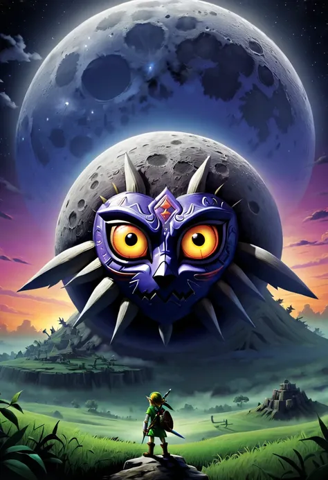 A detailed landscape of the legend of zelda majoras mask, a detailed giant moon with face, landscape, masterpiece, best quality