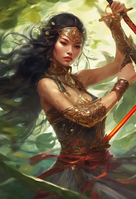 Craft a visually captivating scene featuring a stunning woman adorned in a cloak made of intricate scales, each reflecting a subtle iridescence. Envision her in a dynamic fighting pose, holding a katana with a mix of elegance and lethal precision. Dive int...