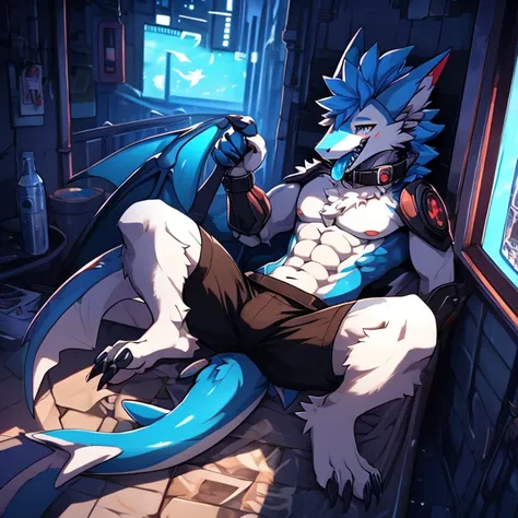 独奏，male，huge anthropomorphic furry sergal characters，nakeness，wear only black shorts, ripped abs,, black and white fur, bright b...