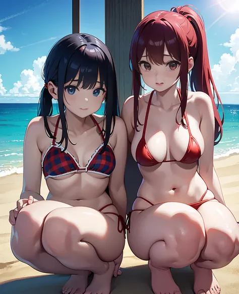 8K、(​masterpiece)、top-quality、Ultra Real 8K、erfect artwork、Cute spoofed face、Lori、C Cup、Squat with crotch open、Red checked bikini、String bikini、sexypose、Blue Sea、blue open sky、Beach