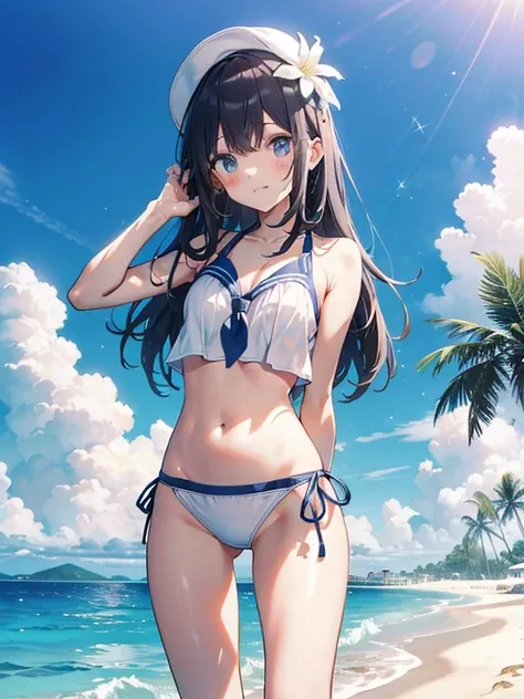 The ultra -The high-definition、high-level image quality、top-quality、Full limbs、complete fingers、Beautuful Women、1 persons、embarassed expression、ssmile、School Swimwear in White、knee high、Indentation、standingn、Grow legs、Summer Beach、cinematlic lighting