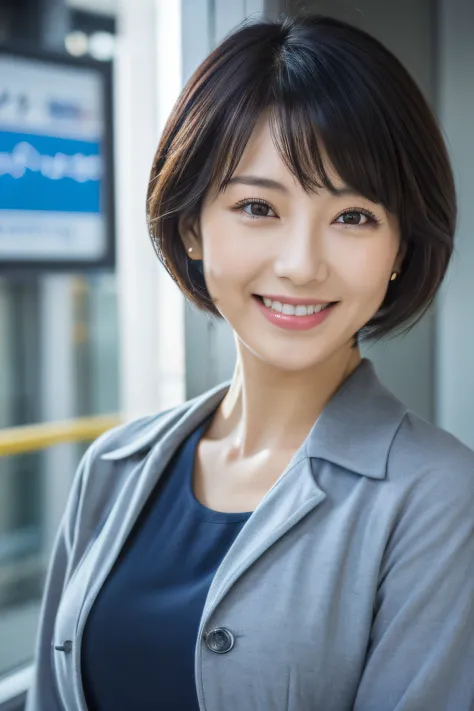 (high-level image quality、8K)、One Woman,Female Detective,Plain clothe,tits out,Beautiful face,Seductive smile,Short hair,good-looking,masutepiece, extremely fine and beautiful,Photorealistic,Japanese,gravure、police station、TOKYOcty、Concrete Jungle、