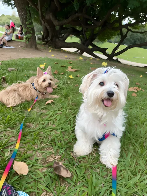 There are two dogs that are sitting on the grass, Two dogs, chinese crested powderpuff dog, small white dog at her side, both smiling for the camera, havanese dog, Mistura de Corgi e Doodle, em um parque, with dogs, no parque, aw, no Parque, Caminhando no ...