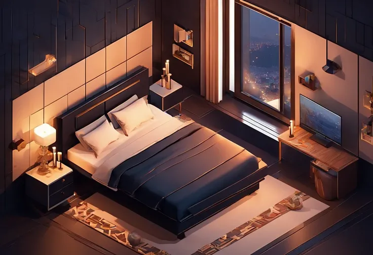 A cosy dark themed modern bedroom, luxury, high class, amazing views, golden hour