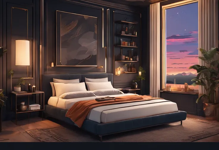 A cosy dark themed modern bedroom, luxury, high class, amazing views, golden hour