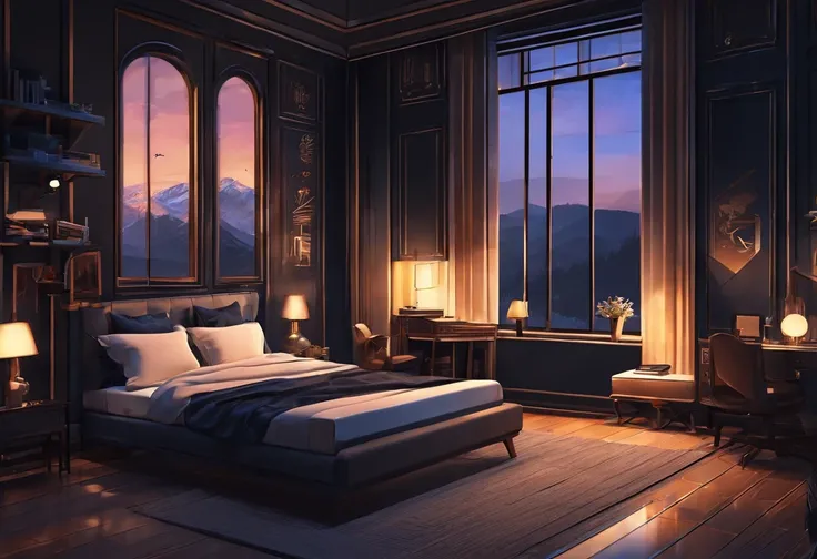 A cosy dark themed modern bedroom, luxury, high class, amazing views, golden hour