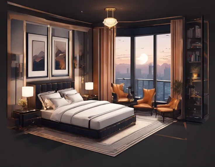 A cosy dark themed modern bedroom, luxury, high class, amazing views, golden hour