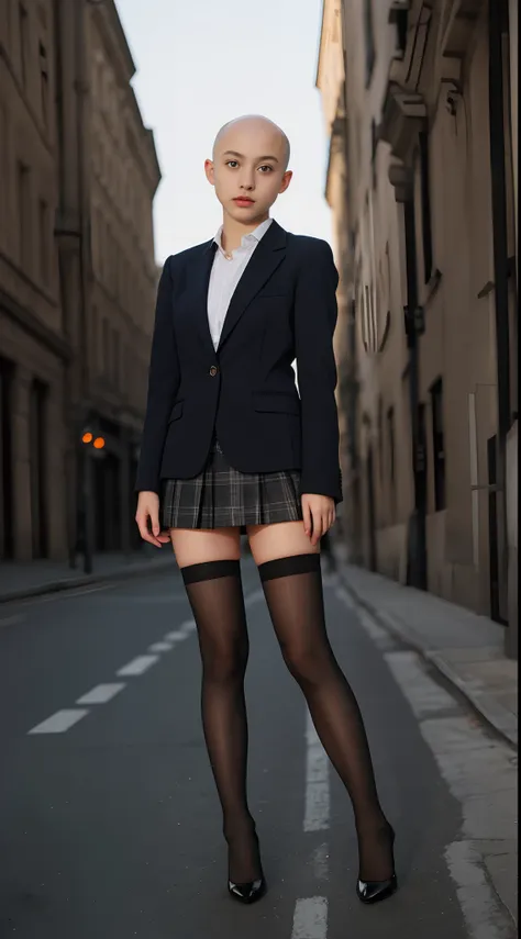 16 year old pre-teen, european, blonde, small breasts, big eyes, long legs, bald head, blazer, tiny skirt, black tights, high he...