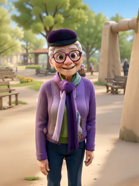 masterpiece, best quality, an old woman with glasses and a scarf on, wearing a purple coat and green scarf, standing at the park