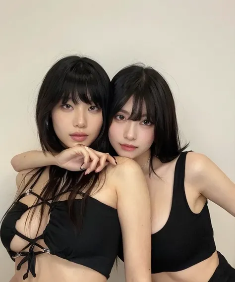 Dos mujeres en bikinis negros posando juntas para una foto, Hermoso retrato de Geminis Twins, beautiful gemini twins, con una gemela, inspirado por Wang Duo, Ella tiene el pelo negro con flequillo, con negro, foto de perfil, gemelos, ulzzang, Nixeu y Sakim...