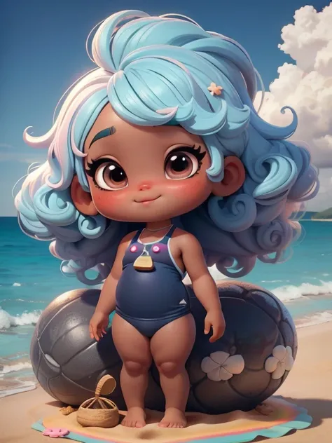 Uma menina afro chibi estilo baby, tema praia, cabelos longos, ter cabelos multicolor, sorrir, olhos devem ser grandes e expressivos, with long eyelashes and rosy cheeks, pele negra,  beautiful  rainbow bathing suit , Beach Accessories. 8K resolution and b...