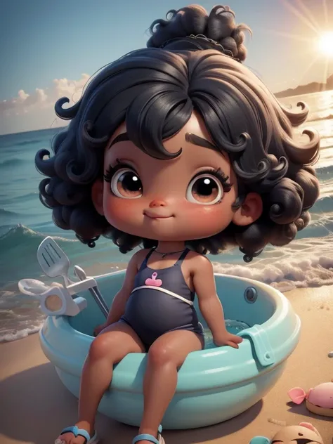 Uma menina afro chibi estilo baby, tema praia, cabelos longos, ter cabelos multicolor, sorrir, olhos devem ser grandes e expressivos, with long eyelashes and rosy cheeks, pele negra,  beautiful  rainbow bathing suit , Beach Accessories. 8K resolution and b...