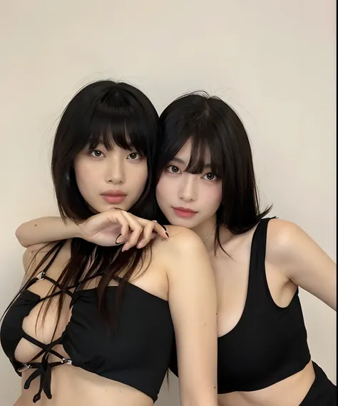 Dos mujeres en bikinis negros posando juntas para una foto, Hermoso retrato de Geminis Twins, beautiful gemini twins, con una gemela, inspirado por Wang Duo, Ella tiene el pelo negro con flequillo, con negro, foto de perfil, gemelos, ulzzang, Nixeu y Sakim...