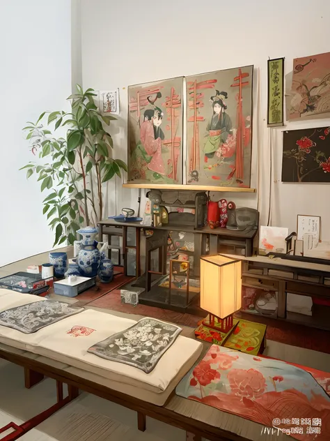 There is a table，There are a lot of Asian artworks on it, apartment of an art student, room of the nameless painter, with ancient chinese aesthetic, chinese artist, Chinese painting style, inspired by Luo Zhichuan, Cluttered art studio, ukiuo-e and studio ...