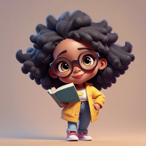 estilo chibi, jeans,  fofo, sorrir, afro Girl holding a book while wearing glasses, master part, Estilo 3dm, Olhe para o Visualizador, pele negra.