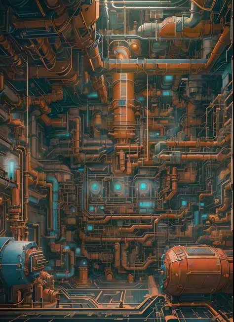 masterpiece, concept art, medium shot, centered, a room filled with lots of pipes and valves, cyberpunk art, featured on pixiv, ship control panel close-up, red building, ghibli artstyle, hyper detailed photo, engine room, shaft, beautiful mature color pal...