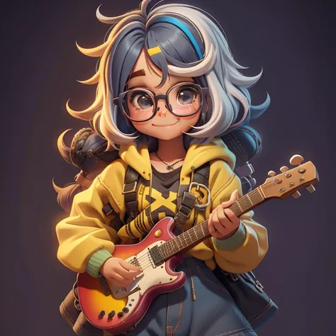 Loli girl holding a guitar, cabelo multicolorido, preso, Eyeglasses, sorriso e olhos delicados, corpo inteiro, modern accessories, moletom, fundo simples, Melhor Qualidade