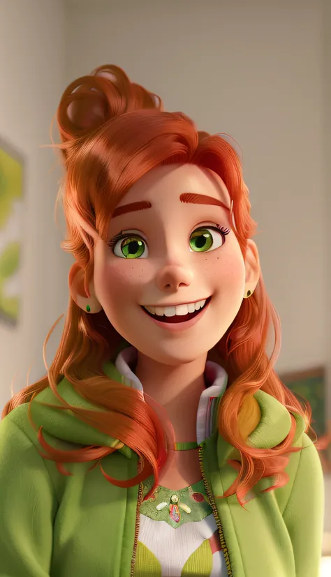 a beautiful woman, with green jacket, smiling and happy face, red hair