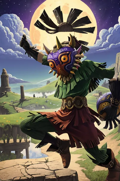 a detailed landscape of the legend of zelda majoras mask, (skull kid in a dynamic pose), a detailed giant moon falling, landscap...