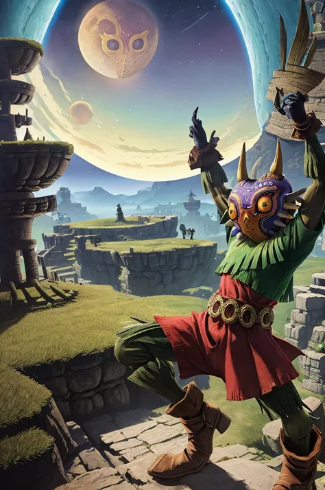 a detailed landscape of the legend of zelda majoras mask, (skull kid in a dynamic pose), a detailed giant moon falling, landscap...