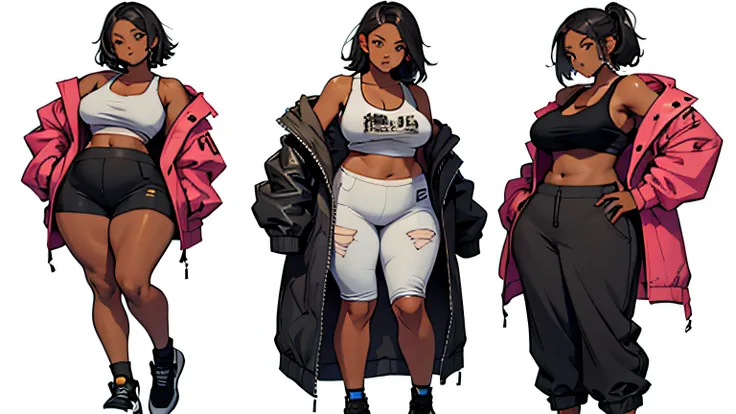 clothing design. black woman. fat. chubby. small breast. tank top. baggy crop top. jacket. comfy cloths. full body